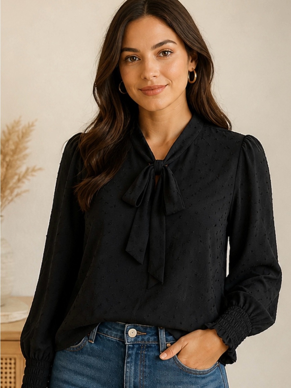 Max Studio Black Textured Blouse w/ Tie Neck Long Sleeve  Cuffs Size‎ M NWT